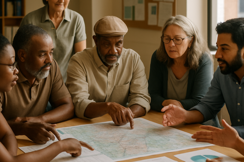 Community members and institutional partners share local knowledge while planning actions around a table.