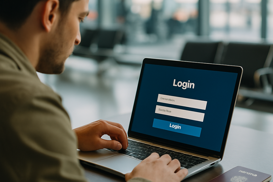 A traveler logs into an online account on a laptop at an airport, with
