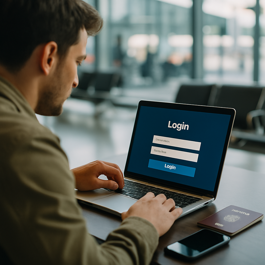 A traveler logs into an online account on a laptop at an airport, with