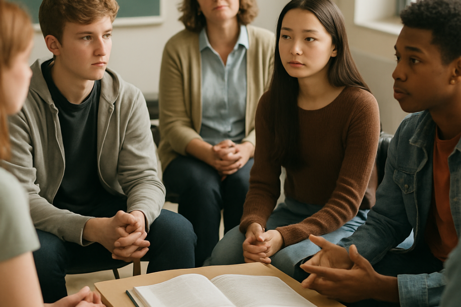 Students from diverse backgrounds listen and discuss different perspectives together in a classroom.