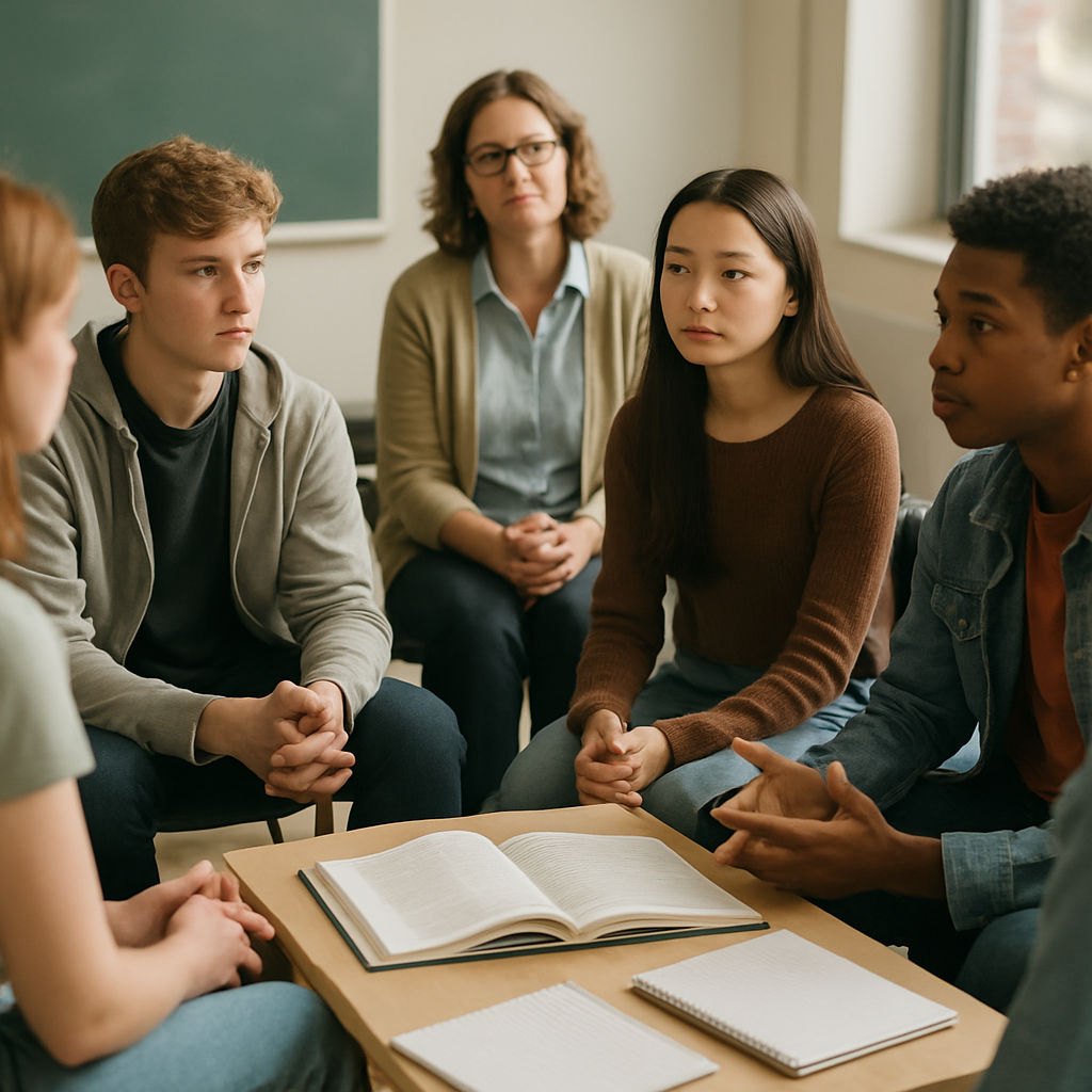 Students from diverse backgrounds listen and discuss different perspectives together in a classroom.