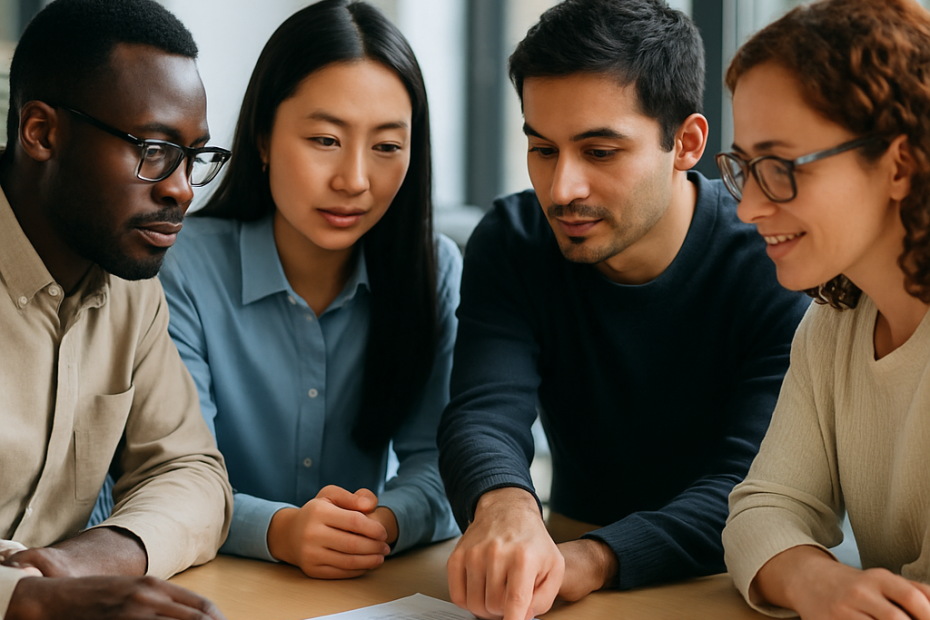 Researchers from different backgrounds collaboratively reviewing a research plan around a table.