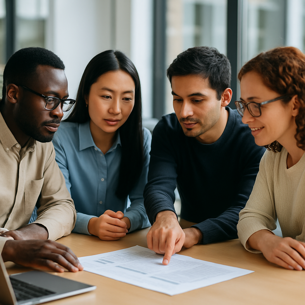 Researchers from different backgrounds collaboratively reviewing a research plan around a table.