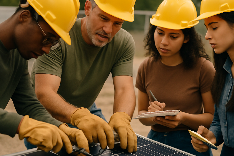 Young adults learn solar-panel installation with an instructor at a hands-on green skills training