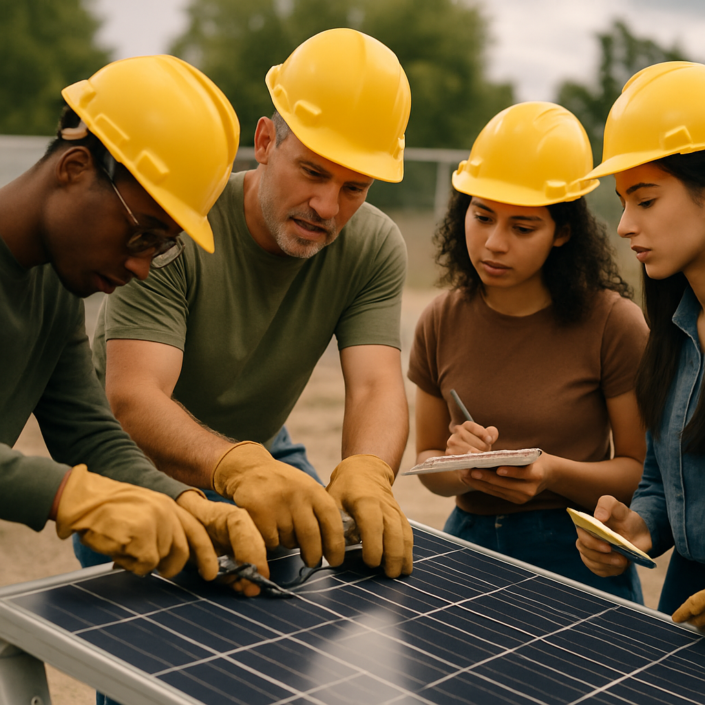 Young adults learn solar-panel installation with an instructor at a hands-on green skills training
