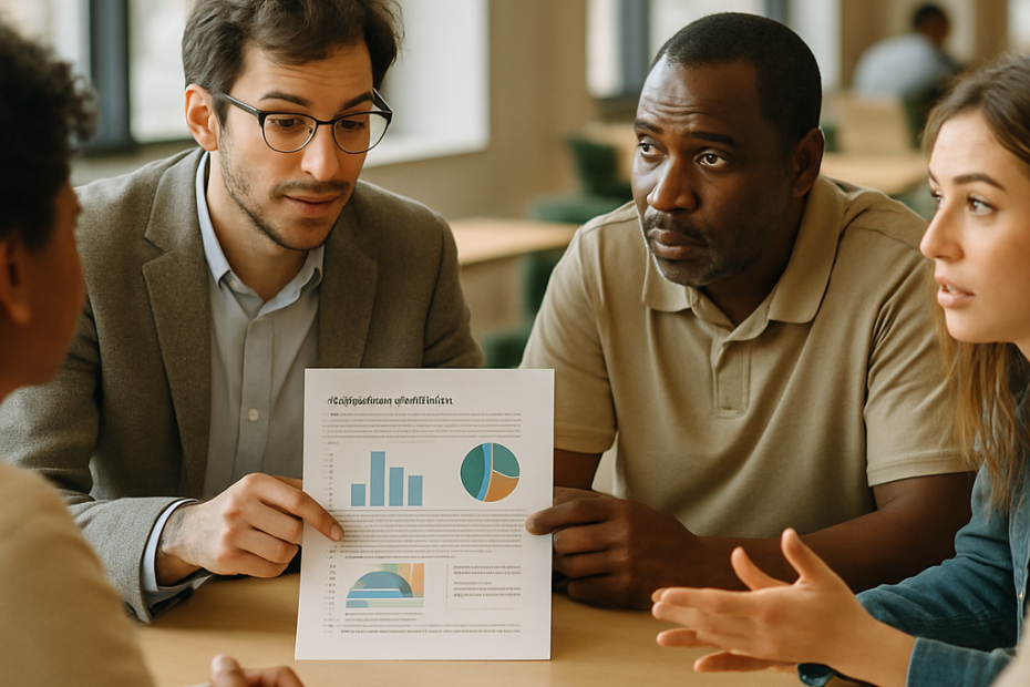 A university researcher and community partner discuss a clear research infographic with local participants.