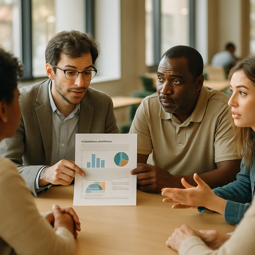 A university researcher and community partner discuss a clear research infographic with local participants.