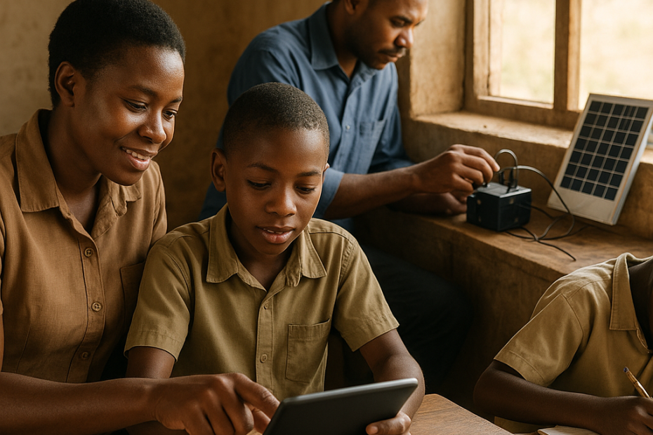 A rural teacher and student share a tablet lesson as a community partner supports