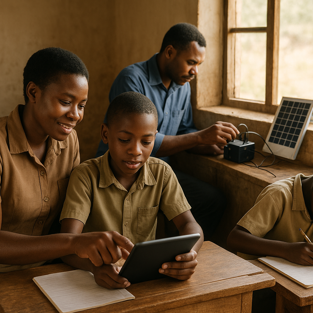 A rural teacher and student share a tablet lesson as a community partner supports