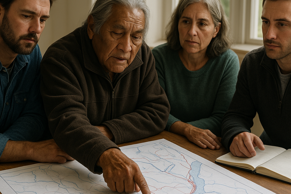 An Indigenous elder leads a community discussion about flood risk as residents and a