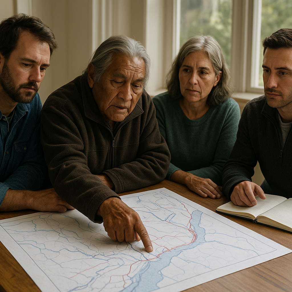 An Indigenous elder leads a community discussion about flood risk as residents and a