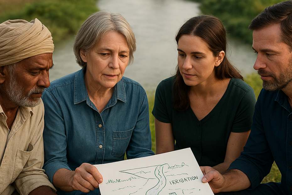 Neighbors from both sides of a border discuss fair use of their shared river.