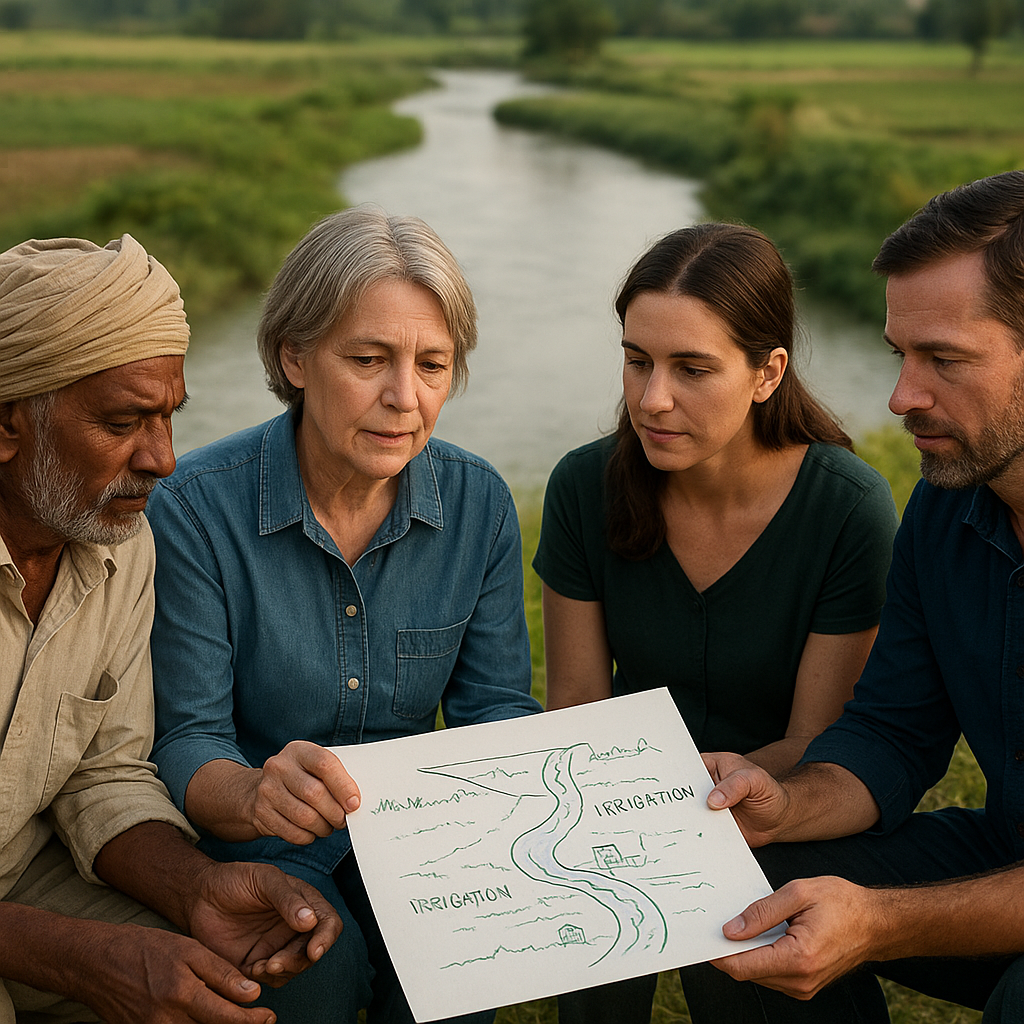 Neighbors from both sides of a border discuss fair use of their shared river.
