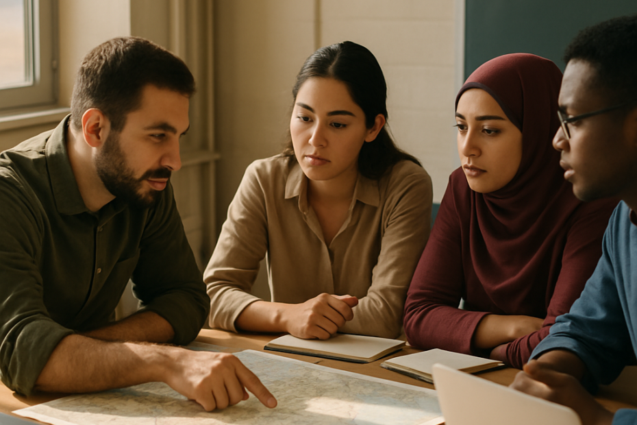 Researchers and students from neighboring countries collaborate around a table, sharing maps and research