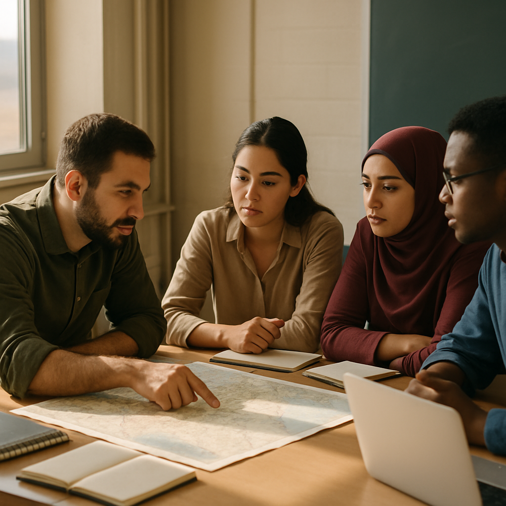Researchers and students from neighboring countries collaborate around a table, sharing maps and research