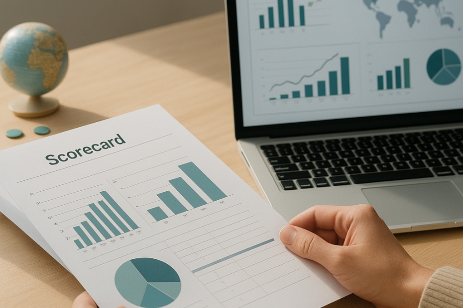 A researcher compares matching development indicators on a printed scorecard and laptop dashboard in