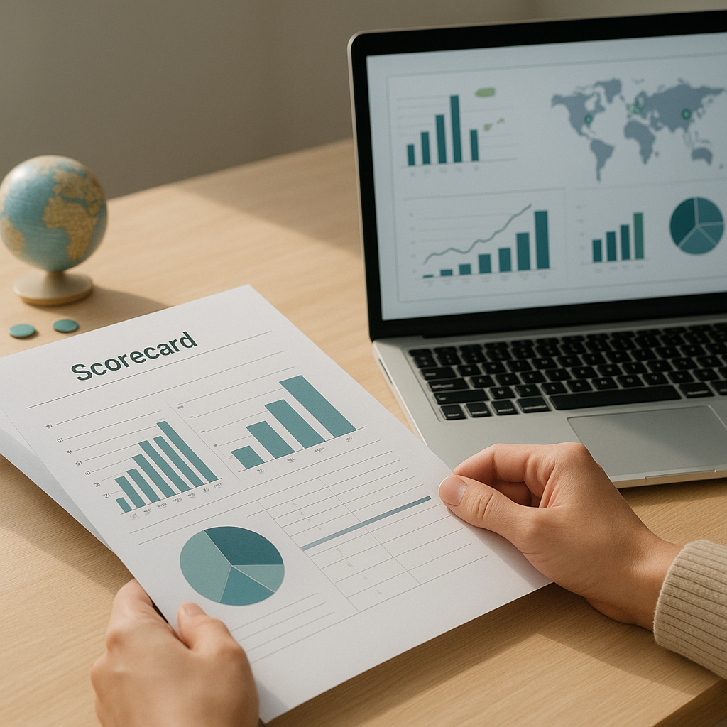A researcher compares matching development indicators on a printed scorecard and laptop dashboard in