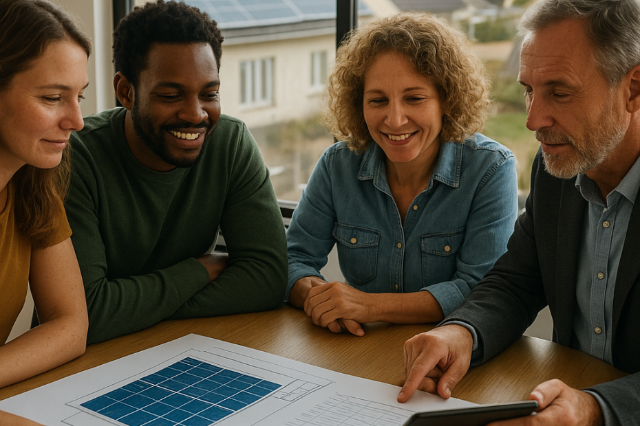 Local residents and an adviser review plans and financing documents for a neighborhood solar
