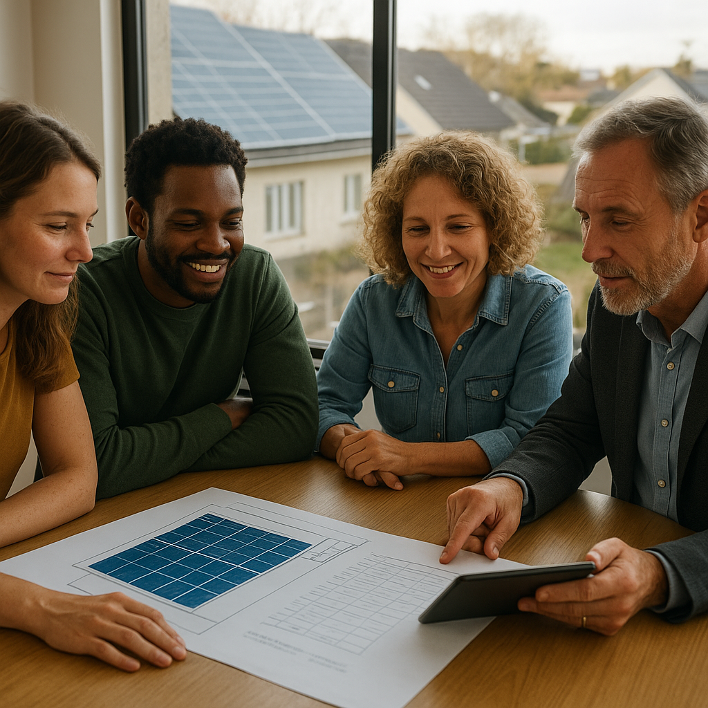 Local residents and an adviser review plans and financing documents for a neighborhood solar
