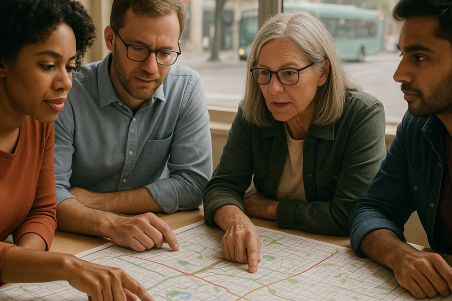 City planners, residents, and community organizers adapt sustainability ideas together around a neighborhood map.