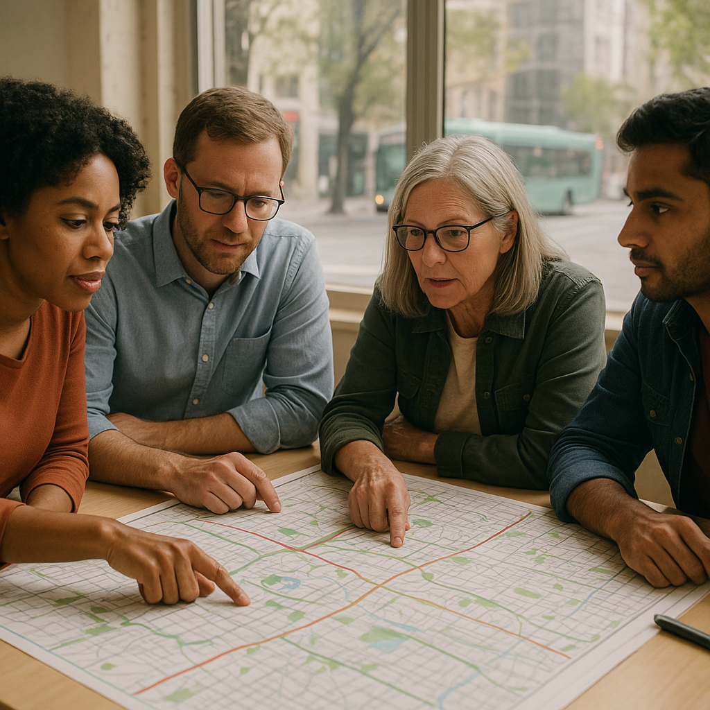 City planners, residents, and community organizers adapt sustainability ideas together around a neighborhood map.