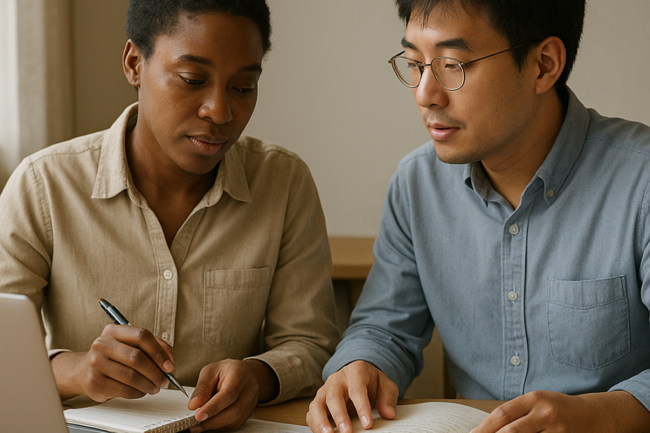 Two researchers work together over notes in a quiet academic workspace, conveying trust and