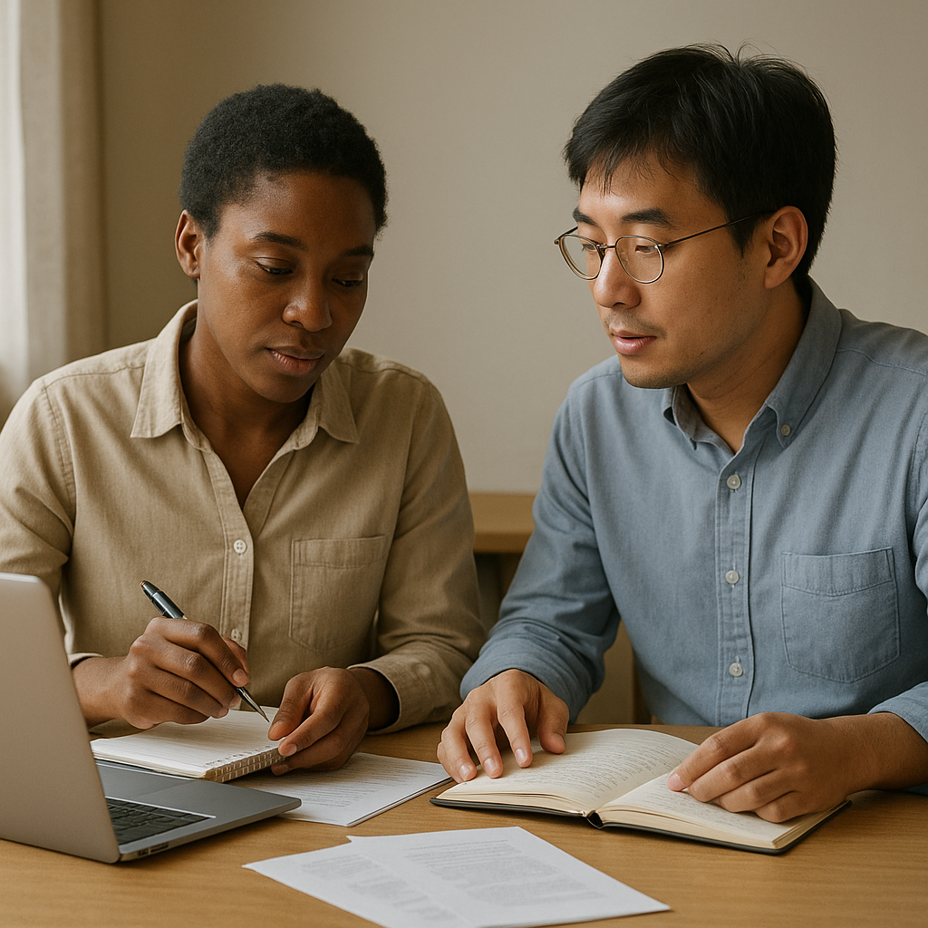 Two researchers work together over notes in a quiet academic workspace, conveying trust and