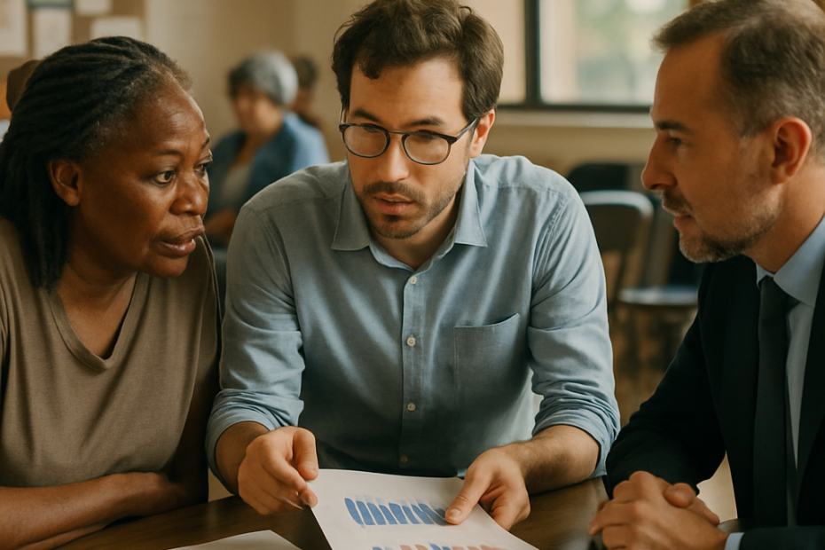 Community members, a researcher, and a policymaker discuss charts and research findings around a