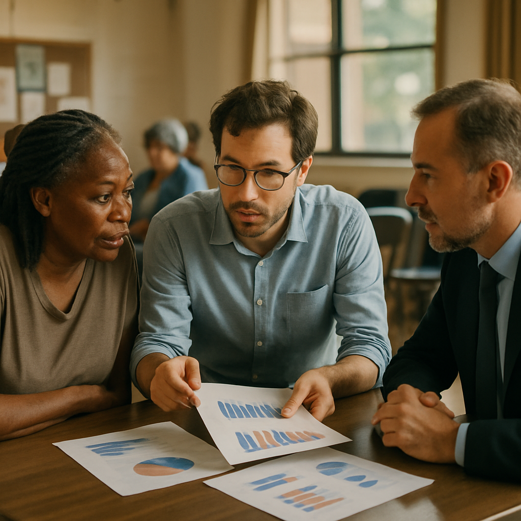 Community members, a researcher, and a policymaker discuss charts and research findings around a