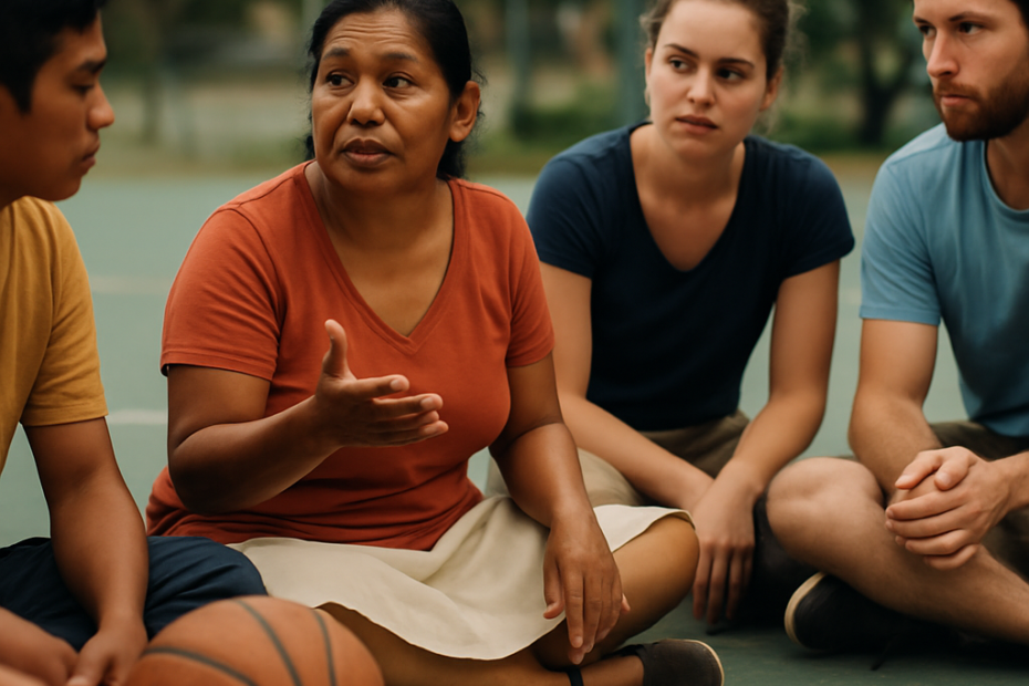 Local leaders and international partners collaborate on plans for a community sports project.