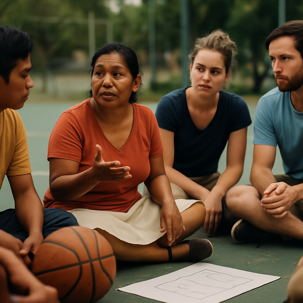 Local leaders and international partners collaborate on plans for a community sports project.