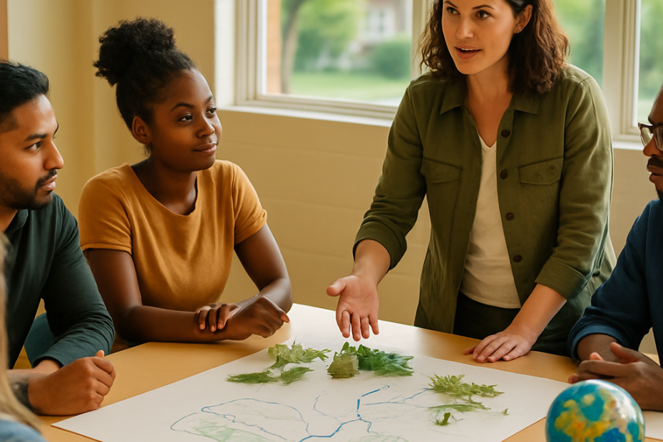 Teacher trainees collaborate on a practical climate-learning activity in a bright community classroom.