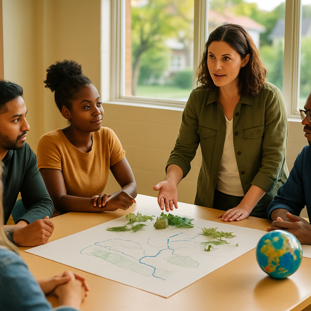 Teacher trainees collaborate on a practical climate-learning activity in a bright community classroom.